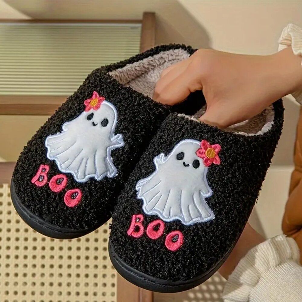 New! Halloween Ghost Fluffy Home Slippers, Soft Sole Bedroom Plush Lined & Cozy